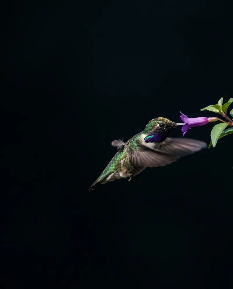 Beija-flor se alimentando de uma flor roxa sobre fundo preto