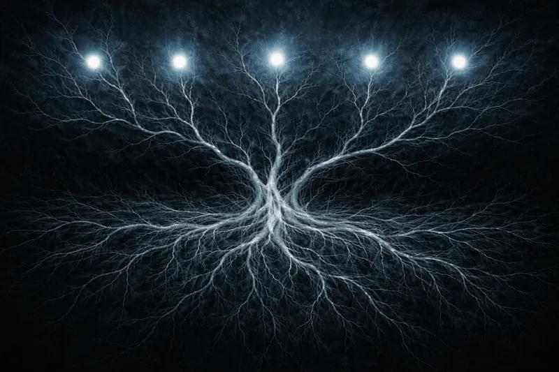 The Mycelium Web: pontos de luz conectados por uma rede de raízes ramificadas